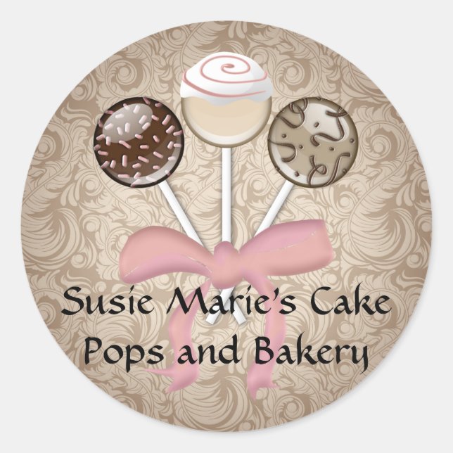 Elegant Cocoa Damask Cake Pop Classic Round Sticker (Front)
