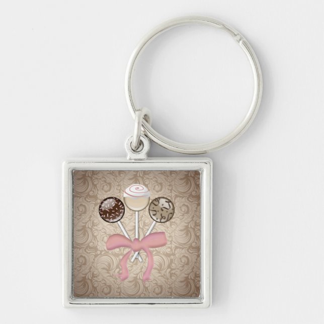 Elegant Cocoa Damask Cake Pop Key Ring (Front)