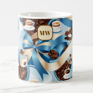 Elegant coffee blue ribbon bows monogram mug