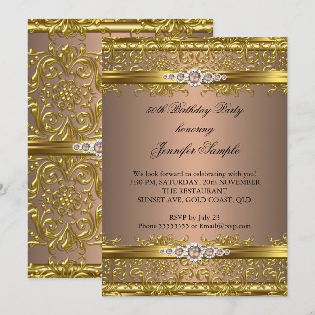 Elegant Coffee Brown Gold Damask Diamond Birthday Invitation (Front/Back)