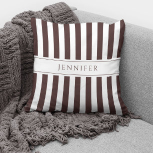 Elegant Coffee Brown & White Stripes Pattern Name Cushion