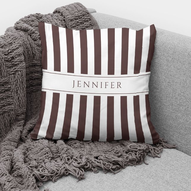 Elegant Coffee Brown & White Stripes Pattern Name Cushion (Creator Uploaded)