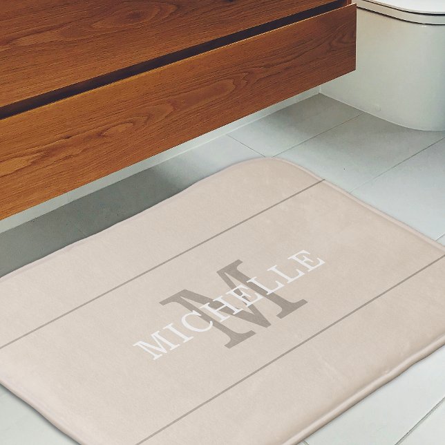 Elegant Coffee Cream Monogram Custom Name Bath Mat (Creator Uploaded)
