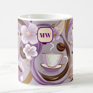 Elegant coffee lavender flowers & ribbon monogram coffee mug
