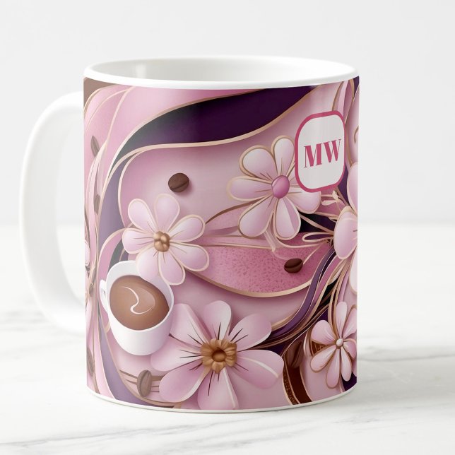 Elegant coffee pink flowers & ribbon monogram mug (Creator Uploaded)