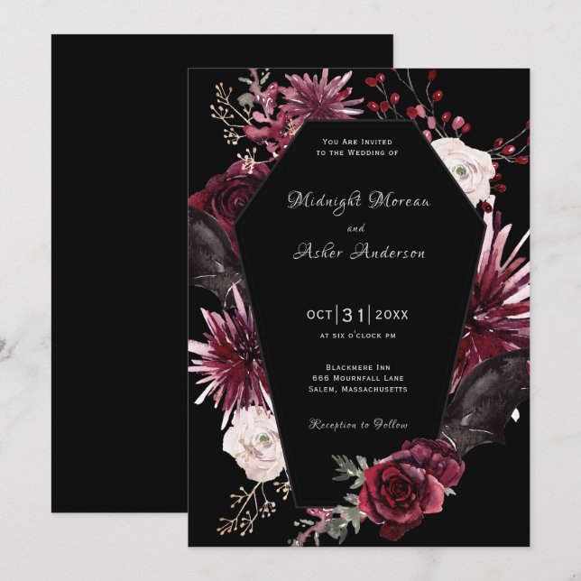 Elegant Coffin Floral Gothic Halloween Wedding Invitation (Front/Back)