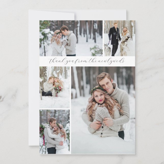 Elegant Collage 5 photo Newlywed Wedding Thank you Card (Front)