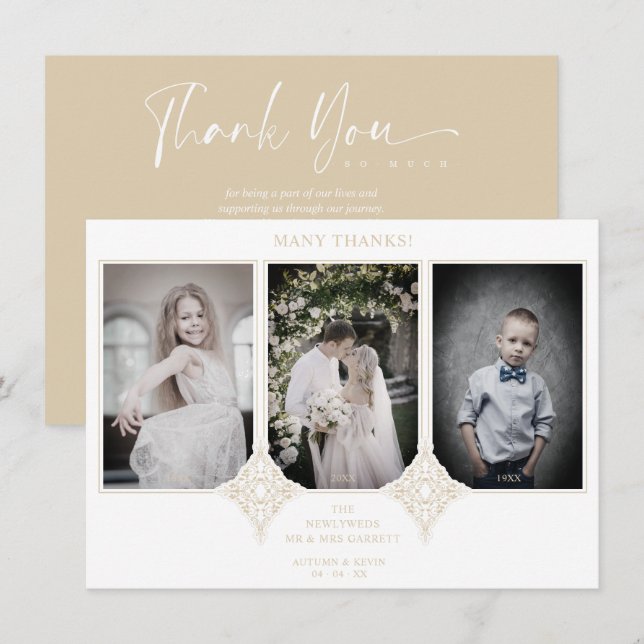Elegant Collage Lace Romantic 3 Photos Couple Thank You Card (Front/Back)