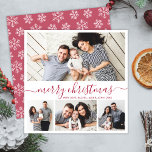 Elegant Collage Red White Snowflakes Christmas Holiday Card<br><div class="desc">Elegant Modern Calligraphy Minimalist Snowflakes White and Red 4 Photo Collage Merry Christmas Calligraphy Script Holiday Card. This festive, mimimalist, whimsical four (4) photo holiday card template features a pretty photo collage and says „Merry Christmas”! The „Merry Christmas” greeting text is written in a beautiful hand lettered swirly swash-tail font...</div>