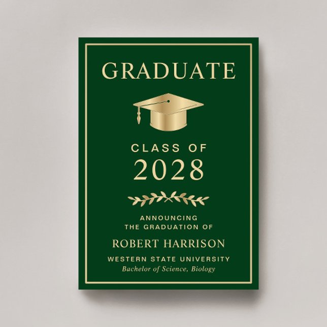 Elegant College Green Gold Graduation Announcement (An elegant college graduation announcement to celebrate the graduate's achievements)