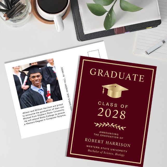Elegant College Photo Burgundy Gold Graduation Announcement Postcard (Creator Uploaded)