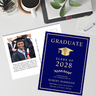 Elegant College Photo Navy Blue Gold Graduation Announcement Postcard