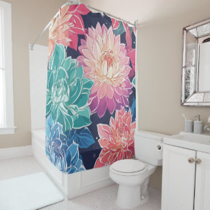 Elegant Colorful Dahlia Flowers on Dark Background Shower Curtain