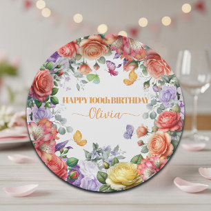 Elegant Colorful Floral 100th Birthday Party Paper Plate