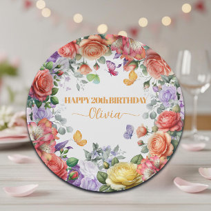Elegant Colorful Floral 20th Birthday Party Paper Plate