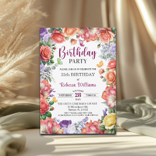 Elegant Colorful Floral 25th Birthday Party Invitation