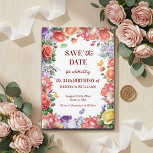 Elegant Colorful Floral 34th Birthday Party Save The Date