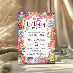 Elegant Colorful Floral 37th Birthday Party Invitation