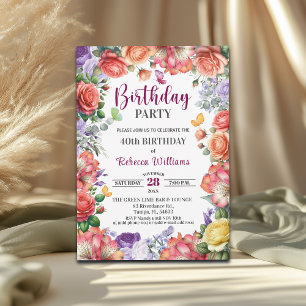 Elegant Colorful Floral 40th Birthday Party Invitation