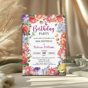 Elegant Colorful Floral 96th Birthday Party Invitation