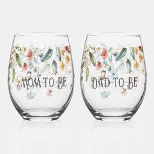 Elegant Colorful Floral Drop l Mom & Dad-to-Be Stemless Wine Glass