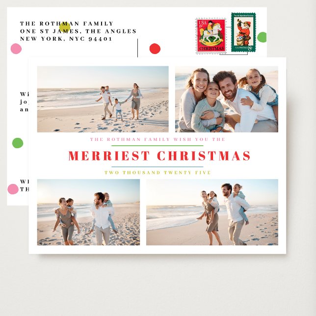 Elegant Colorful Merry 4 Photo Collage Christmas Postcard (Creator Uploaded)