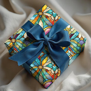 Elegant colorful teal purple stained glass wrapping paper