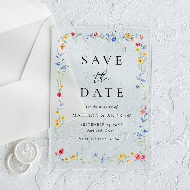 Elegant Colorful Wildflower Wedding Save the Date Acrylic Invitations (Creator Uploaded)