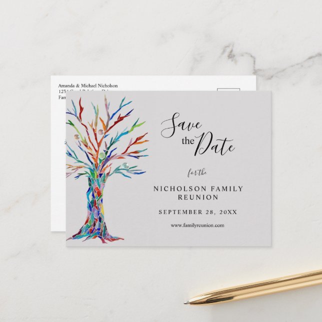 Elegant Coloured Tree Family Reunion Announcement Postcard (Front/Back In Situ)