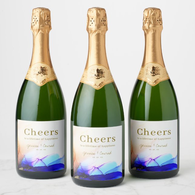Elegant Colourful Blue Orange Wedding Sparkling Wine Label (Bottles)