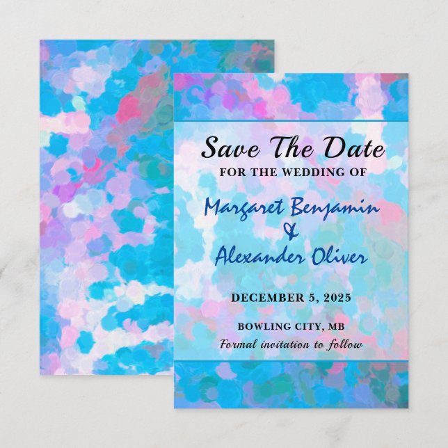 Elegant Colourful Blue Pink Watercolor Wedding Save The Date (Front/Back)