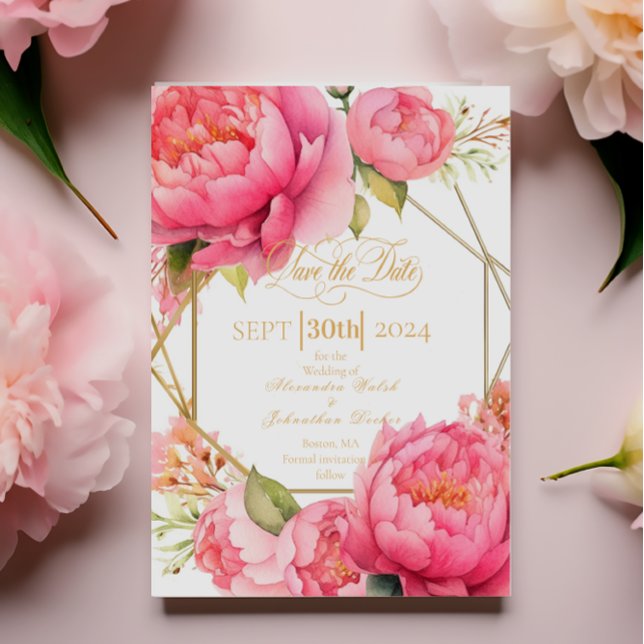 Elegant Colourful Blush Pink Peonies Script Save The Date (Creator Uploaded)