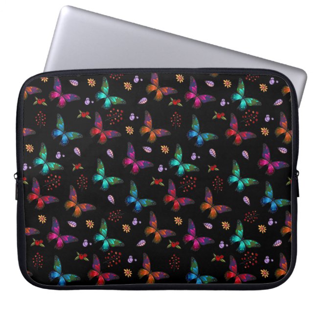 Elegant Colourful Butterflies on Black Laptop Sleeve (Front)