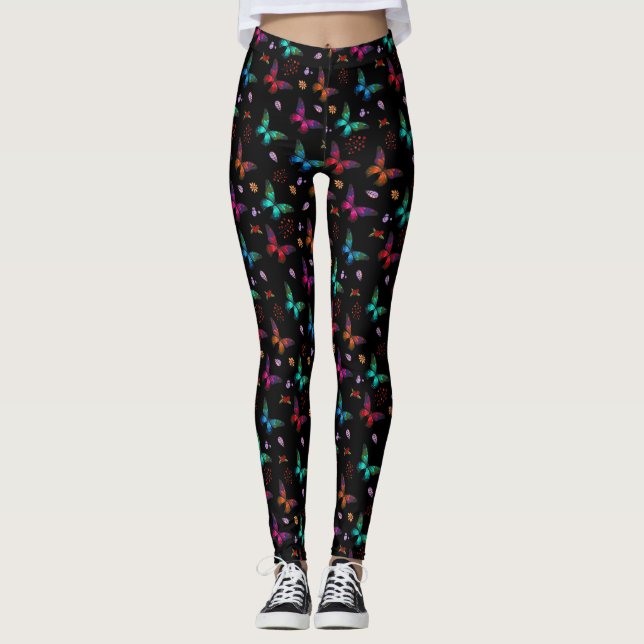Elegant Colourful Butterflies on Black Leggings (Front)
