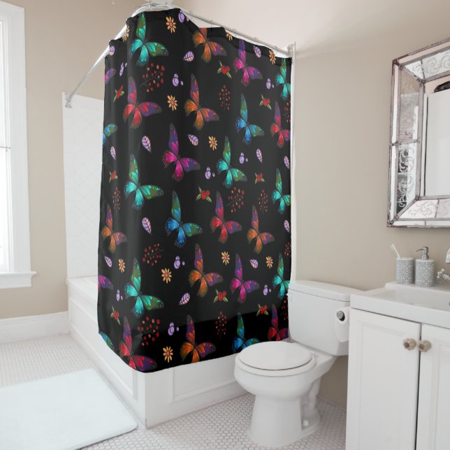 Elegant Colourful Butterflies on Black Shower Curtain (In Situ)