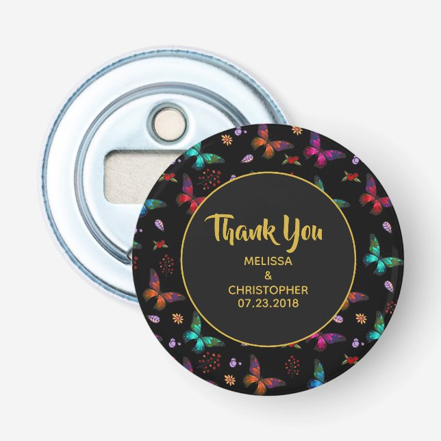 Elegant Colourful Butterflies on Black Thank You Bottle Opener (Front)