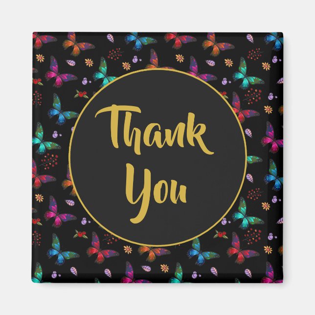 Elegant Colourful Butterflies on Black Thank You Magnet (Front)