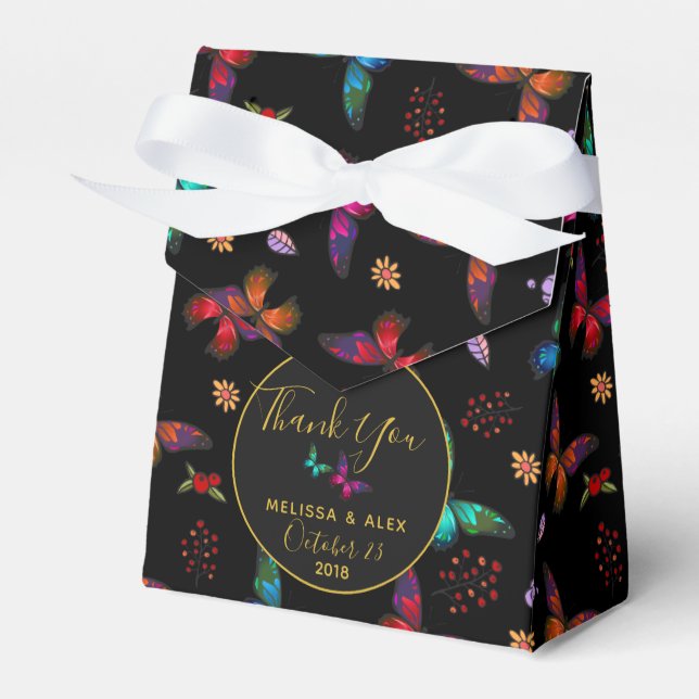 Elegant Colourful Butterflies on Black Wedding Favour Box (Front Side)