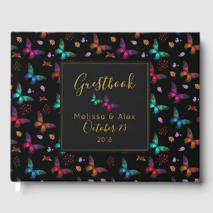 Elegant Colourful Butterflies on Black Wedding Guest Book