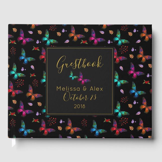 Elegant Colourful Butterflies on Black Wedding Guest Book (Front)