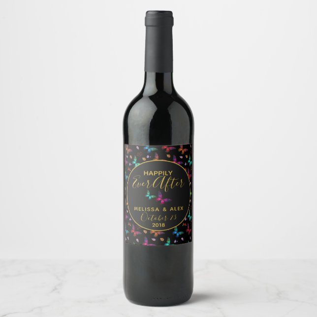 Elegant Colourful Butterflies on Black Wedding Wine Label (Front)