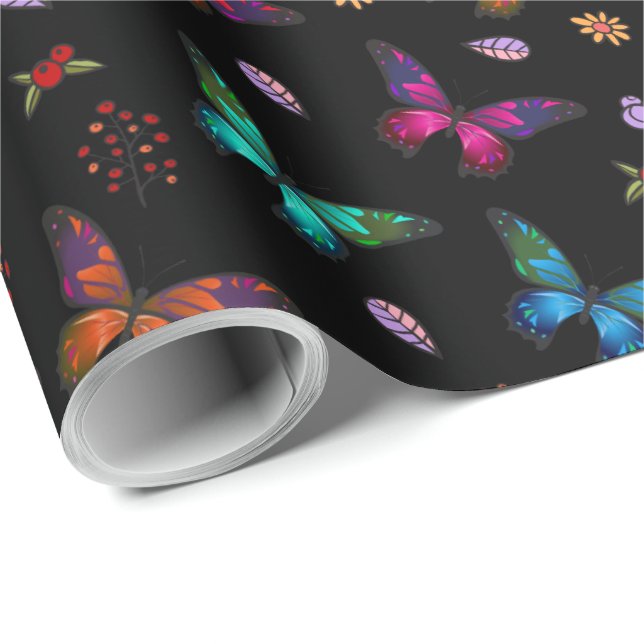 Elegant Colourful Butterflies on Black Wrapping Paper (Roll Corner)
