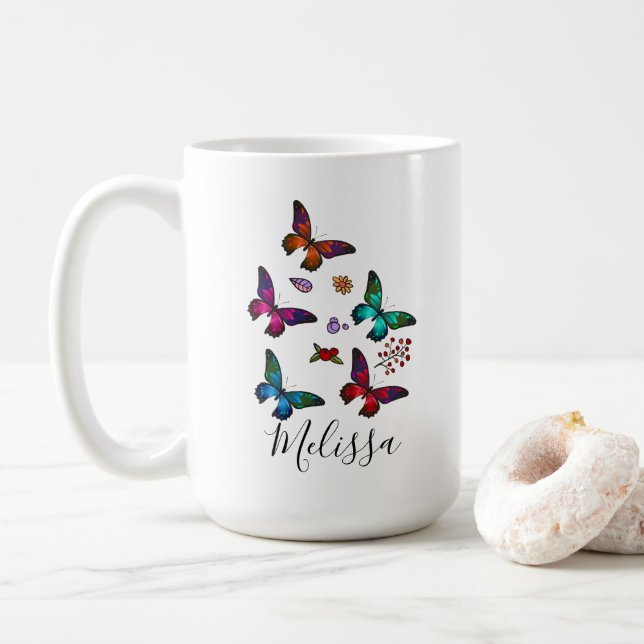 Elegant Colourful Butterflies Pattern Custom Coffee Mug (With Donut)
