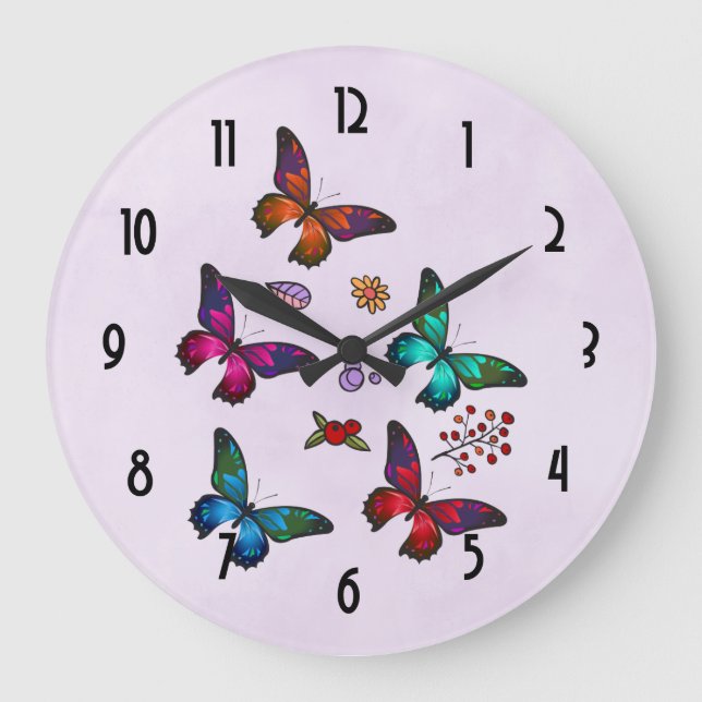 Elegant Colourful Butterflies Pattern on Pink Large Clock (Front)