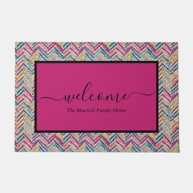 Elegant colourful chevron script name doormat (Front)
