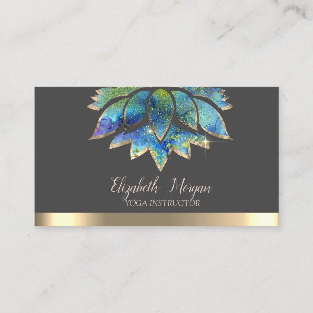 Elegant Colourful Chic Lotus Gold Stripe Yoga Business Card (Front)
