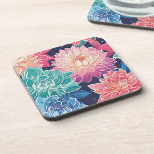 Elegant Colourful Dahlia Flowers on Dark Backgroun Coaster