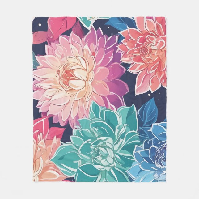 Elegant Colourful Dahlia Flowers on Dark Backgroun Fleece Blanket (Front)