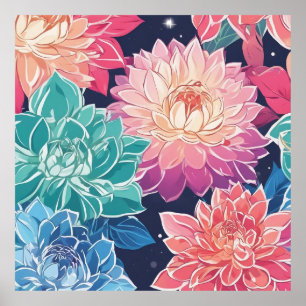 Elegant Colourful Dahlia Flowers on Dark Backgroun Poster