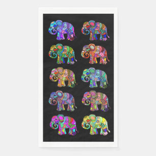 Elegant Colourful Ethnic Elephants on Black Napkin